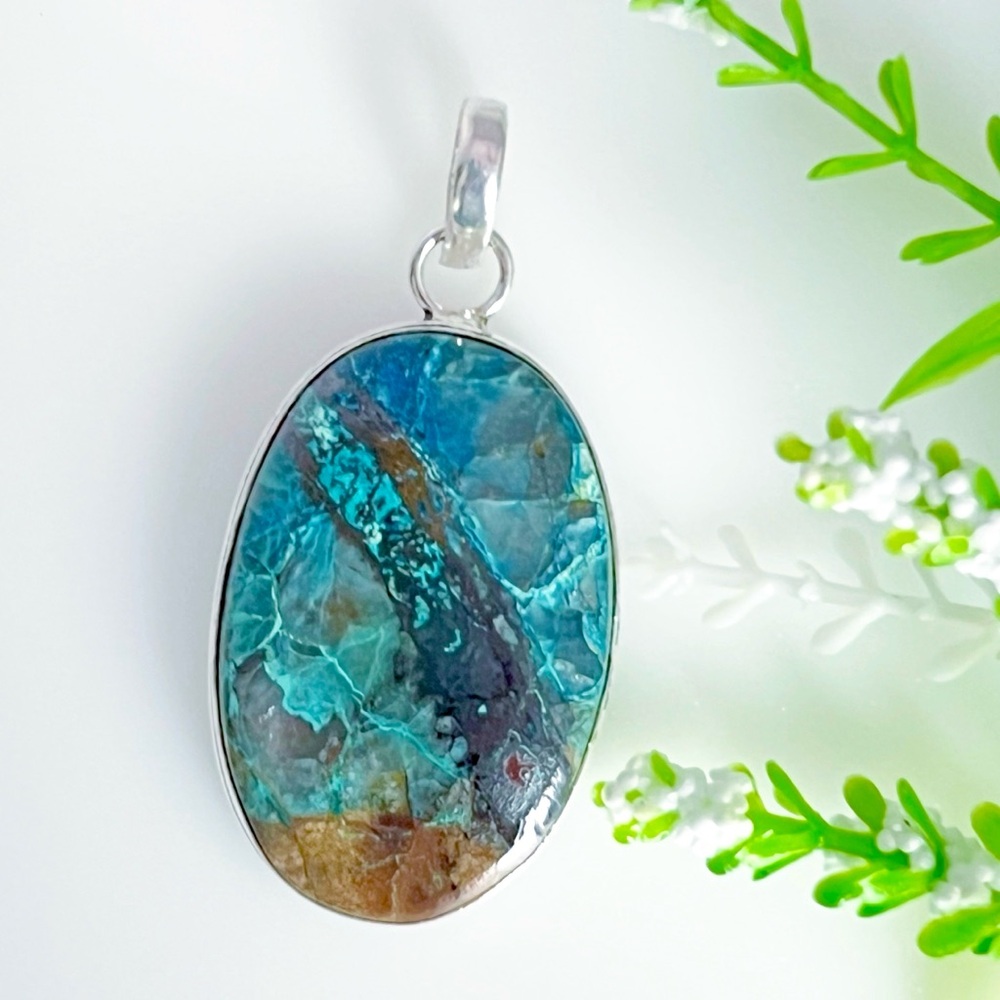Azurite Chrysocolla Pendant Solid Sterling Silver 925 Handmade New - Picture 2 of 5
